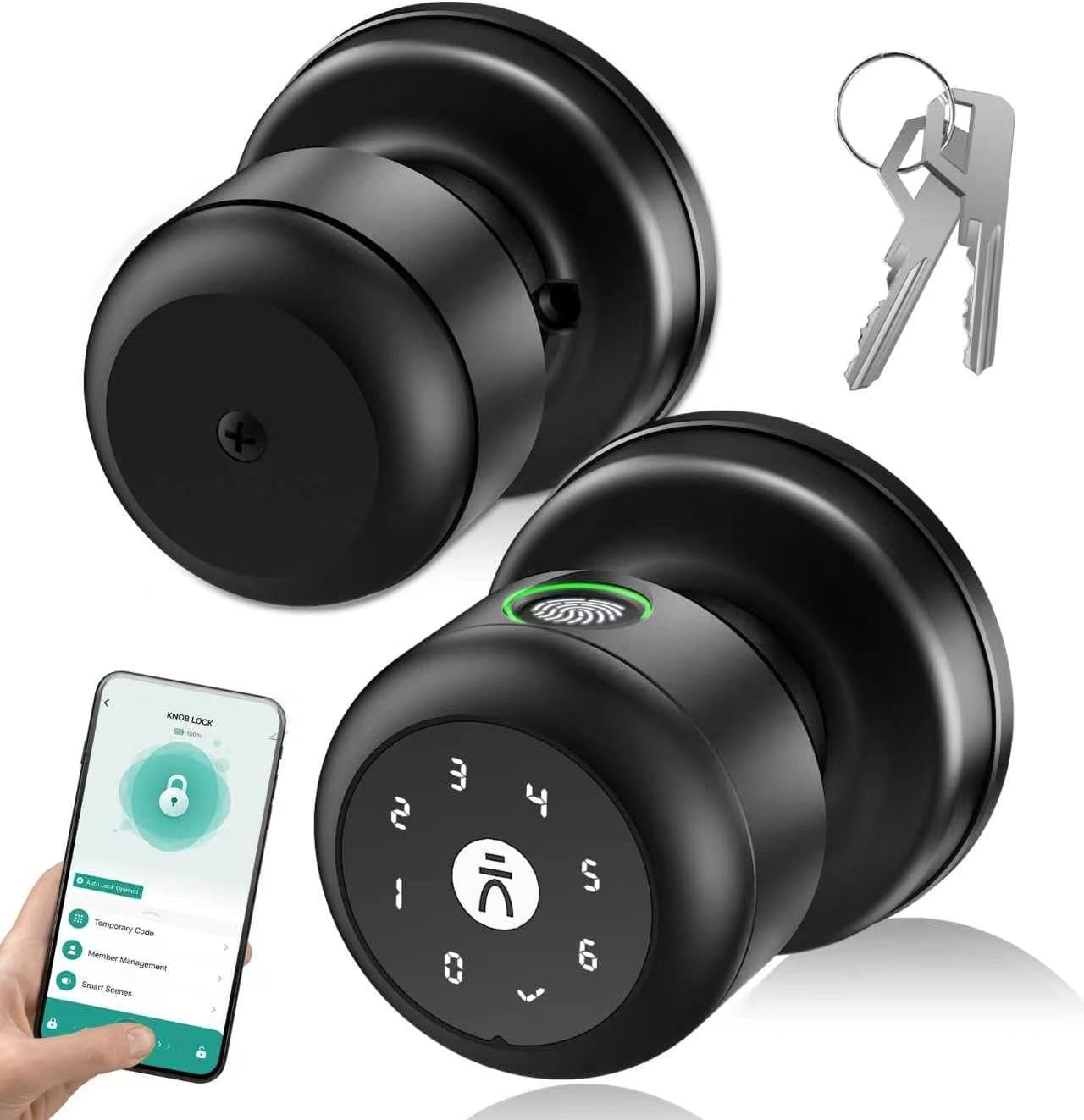 Fingerprint Door Lock,Smart Fingerprint Door Knob with Keypad,Brushed Black | Digital Door Lock with App Control & Key, Keyless Biometric Entry Door Locks for Bedrooms, Front Door, Home, Apartment,Office