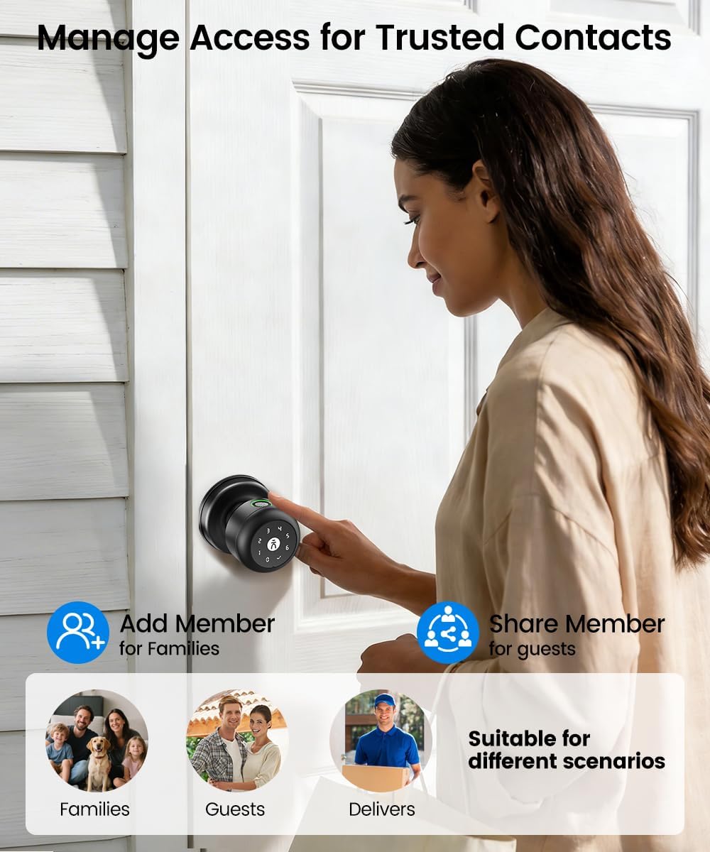 Fingerprint Door Lock,Smart Fingerprint Door Knob with Keypad,Brushed Black | Digital Door Lock with App Control & Key, Keyless Biometric Entry Door Locks for Bedrooms, Front Door, Home, Apartment,Office