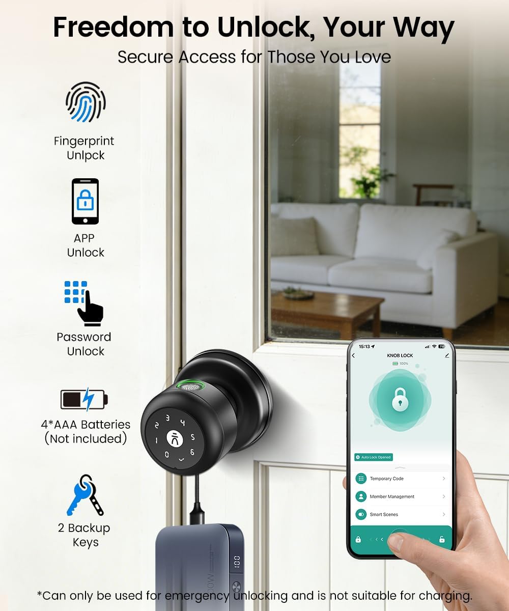 Fingerprint Door Lock,Smart Fingerprint Door Knob with Keypad,Brushed Black | Digital Door Lock with App Control & Key, Keyless Biometric Entry Door Locks for Bedrooms, Front Door, Home, Apartment,Office