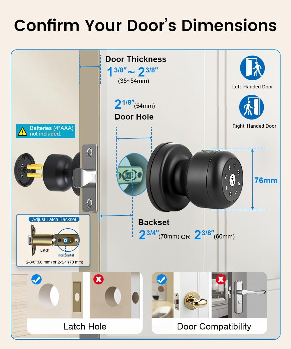 Fingerprint Door Lock,Smart Fingerprint Door Knob with Keypad,Brushed Black | Digital Door Lock with App Control & Key, Keyless Biometric Entry Door Locks for Bedrooms, Front Door, Home, Apartment,Office