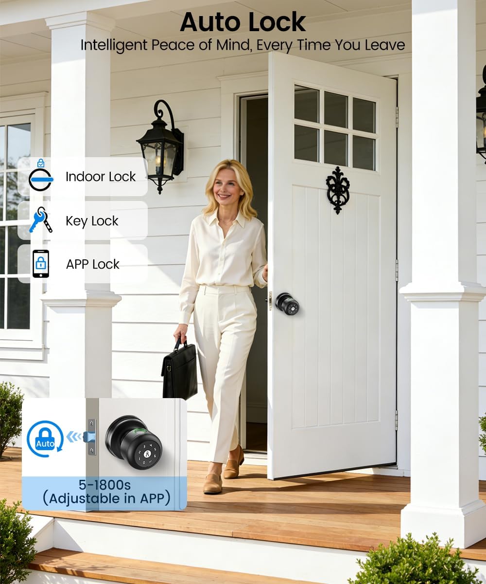 Fingerprint Door Lock,Smart Fingerprint Door Knob with Keypad,Brushed Black | Digital Door Lock with App Control & Key, Keyless Biometric Entry Door Locks for Bedrooms, Front Door, Home, Apartment,Office