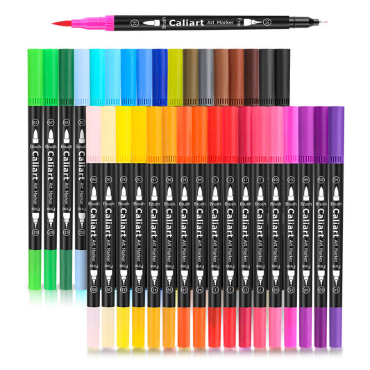 Caliart 34 Double Tip Brush Pens Art Markers, Artist Fine & Brush Pen Coloring Markers for Adult Book Cards Drawing Craft Kit Teacher Office Supplies