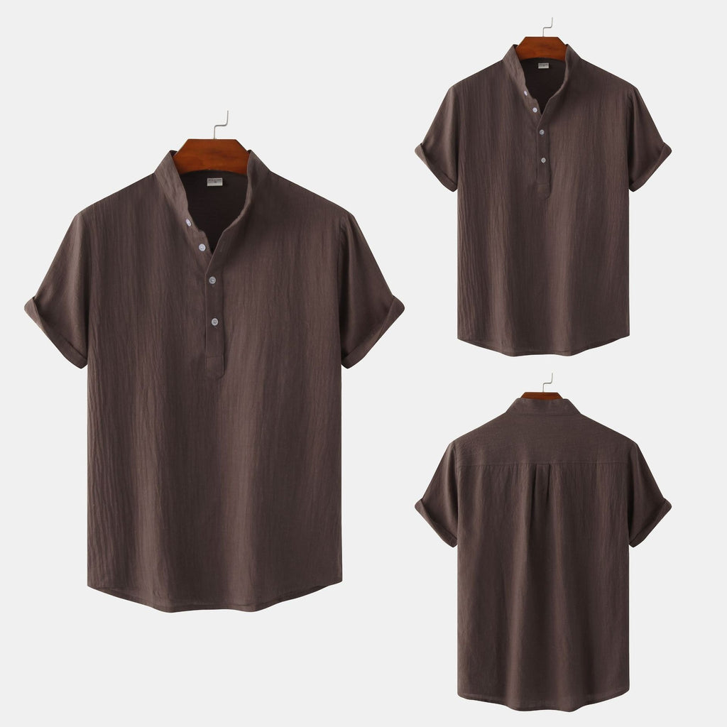 Summer Mens Cotton and Linen Standing Collar Casual Short Sleeved Shirt Beach T Shirt Shirt Mens Clothing